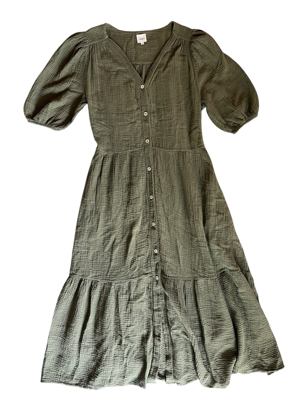 Charli Olive Button-Front Muslin Midi Dress with Puff Sleeves Size M/L
